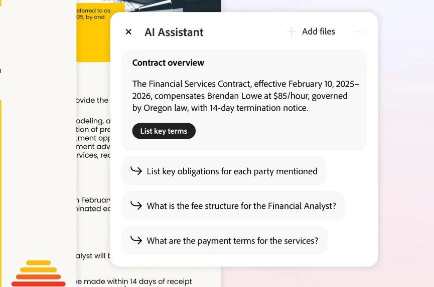 AI Adobe Acrobat liệt kê các thuật ngữ chính của hợp đồng