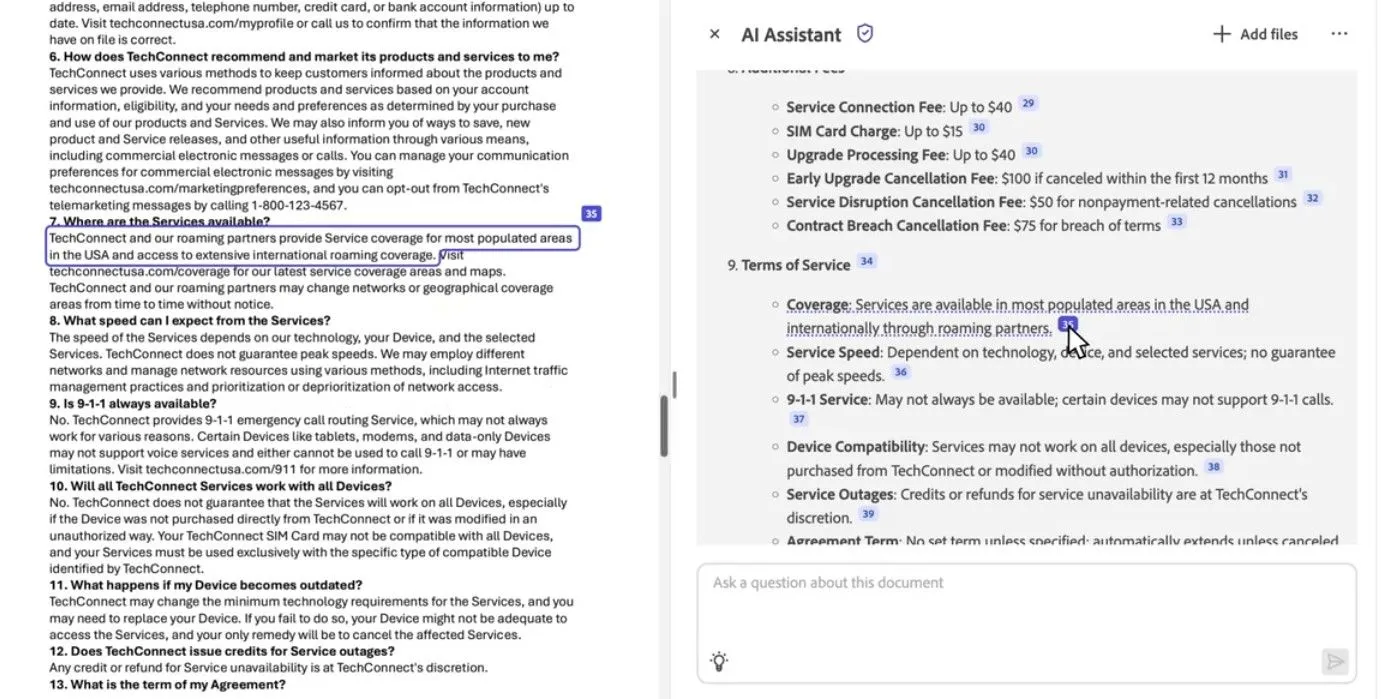 AI Adobe Acrobat trích dẫn nguồn thông tin từ hợp đồng