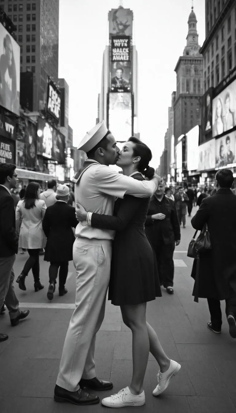 Ảnh AI do Fotor tạo từ prompt về cảnh thủy thủ hôn y tá ở Times Square, trông dàn dựng và có ánh sáng hiện đại.