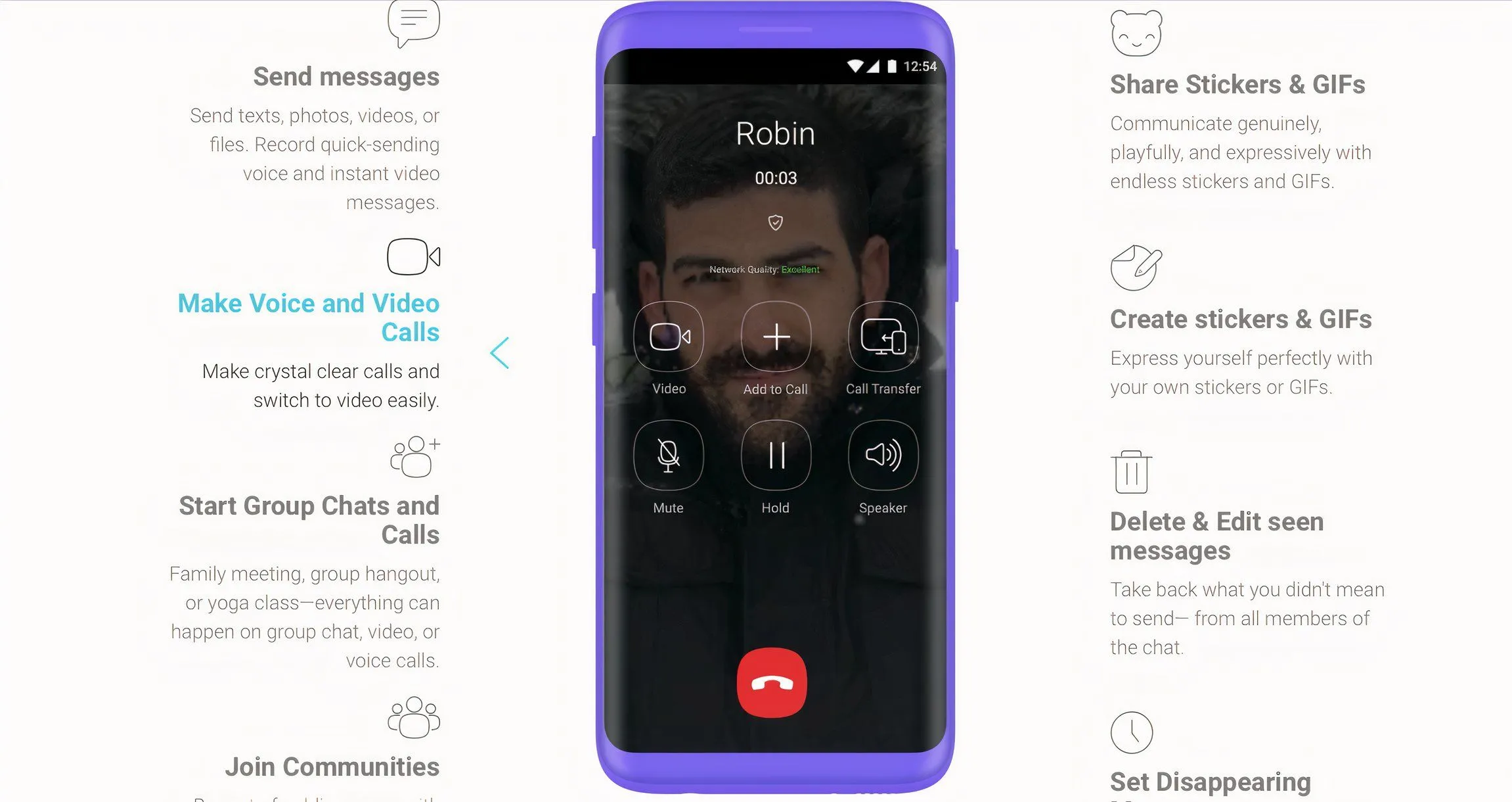 Ảnh chụp màn hình các tính năng và dịch vụ của Viber, bao gồm tùy chọn gọi điện quốc tế giá rẻ, phù hợp cho liên lạc cá nhân và nhóm.