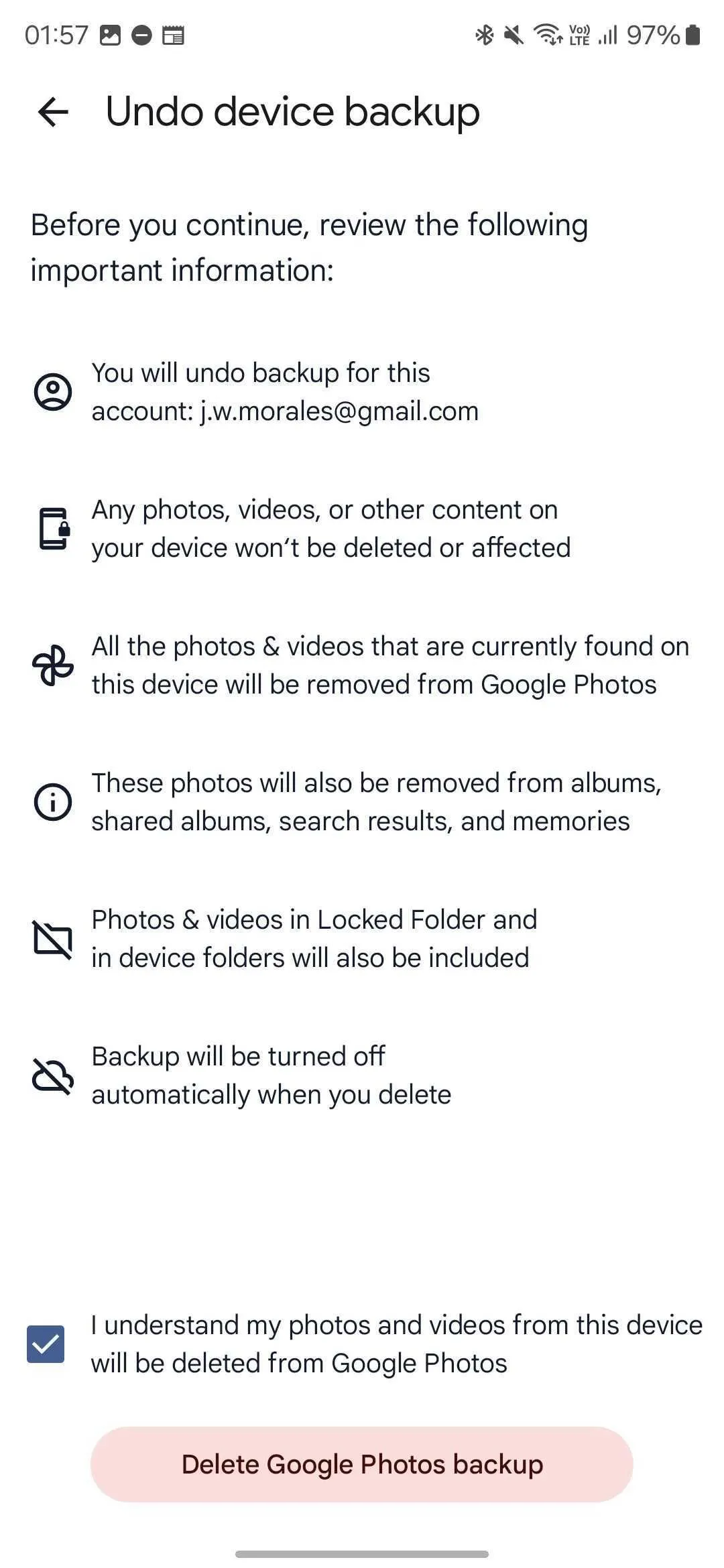 Ảnh chụp màn hình cảnh báo khi gỡ sao lưu Google Photos, nhắc nhở người dùng về việc xóa bản sao lưu khỏi đám mây