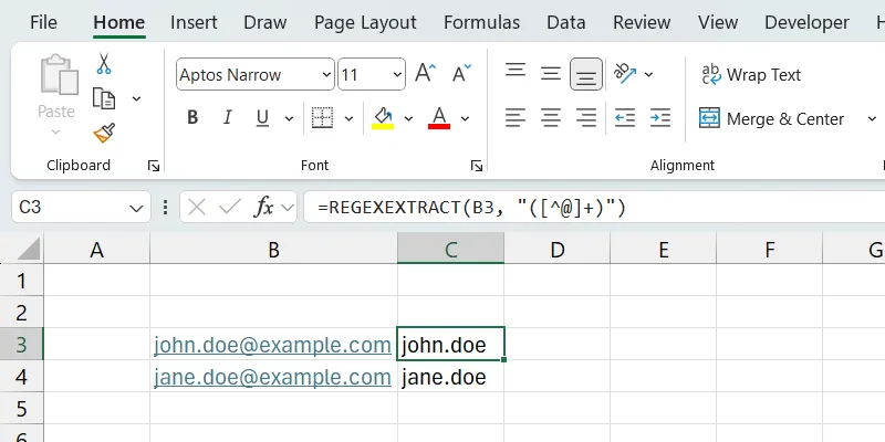 Ảnh chụp màn hình Excel minh họa hàm REGEXEXTRACT trích xuất tên người dùng từ địa chỉ email.