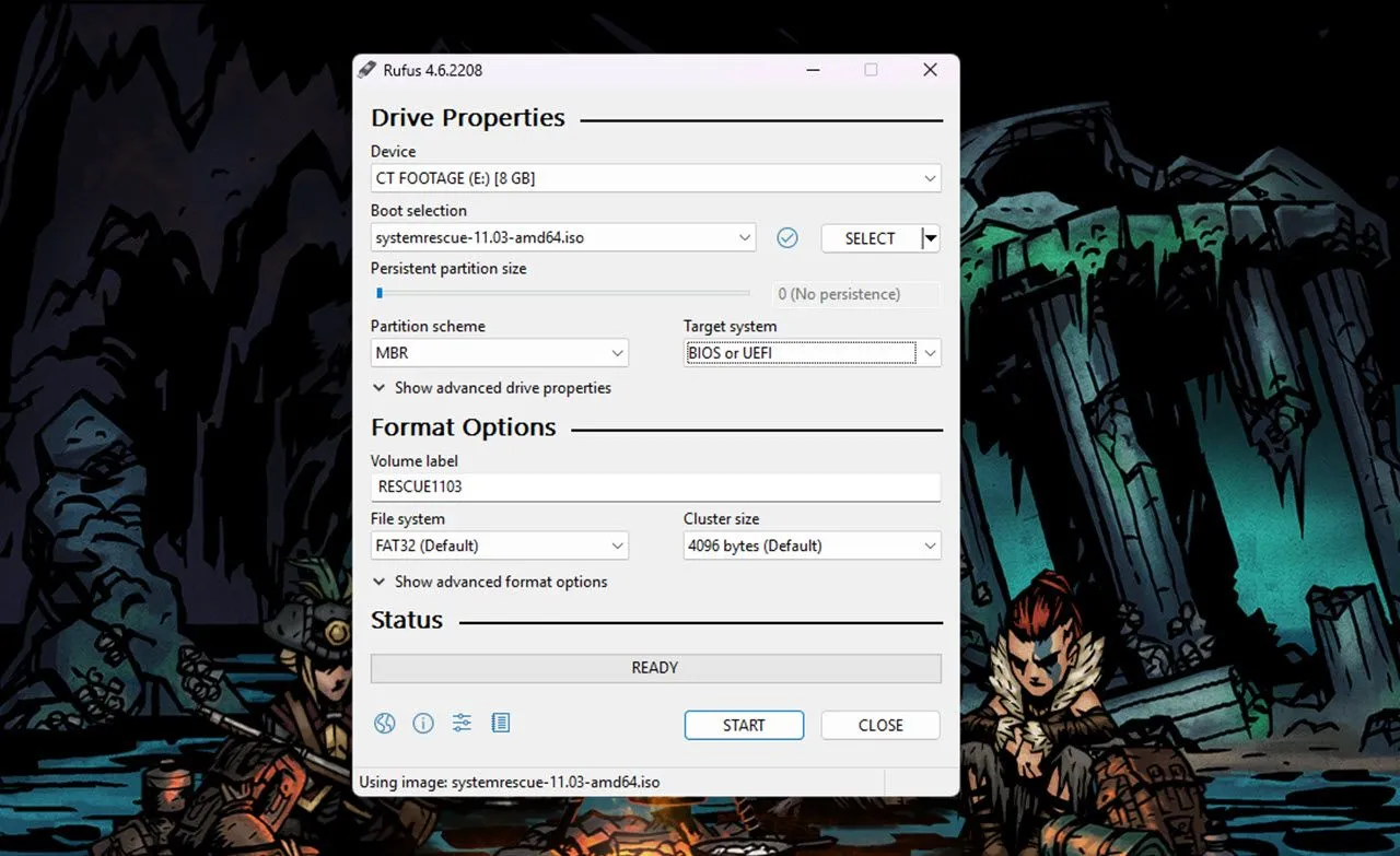 Ảnh chụp màn hình phần mềm Rufus hiển thị các thiết lập để tạo USB boot SystemRescue trên Windows, với tùy chọn MBR và FAT32