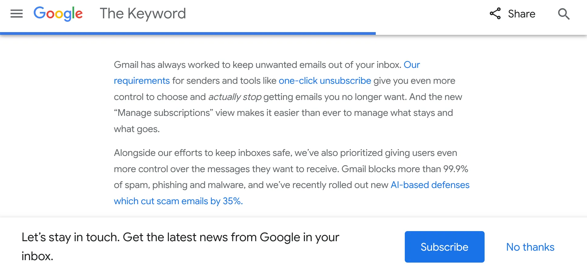 Ảnh chụp màn hình thông báo đăng ký nhận tin từ Google Keyword, liên quan đến tính năng quản lý đăng ký email Gmail mới.