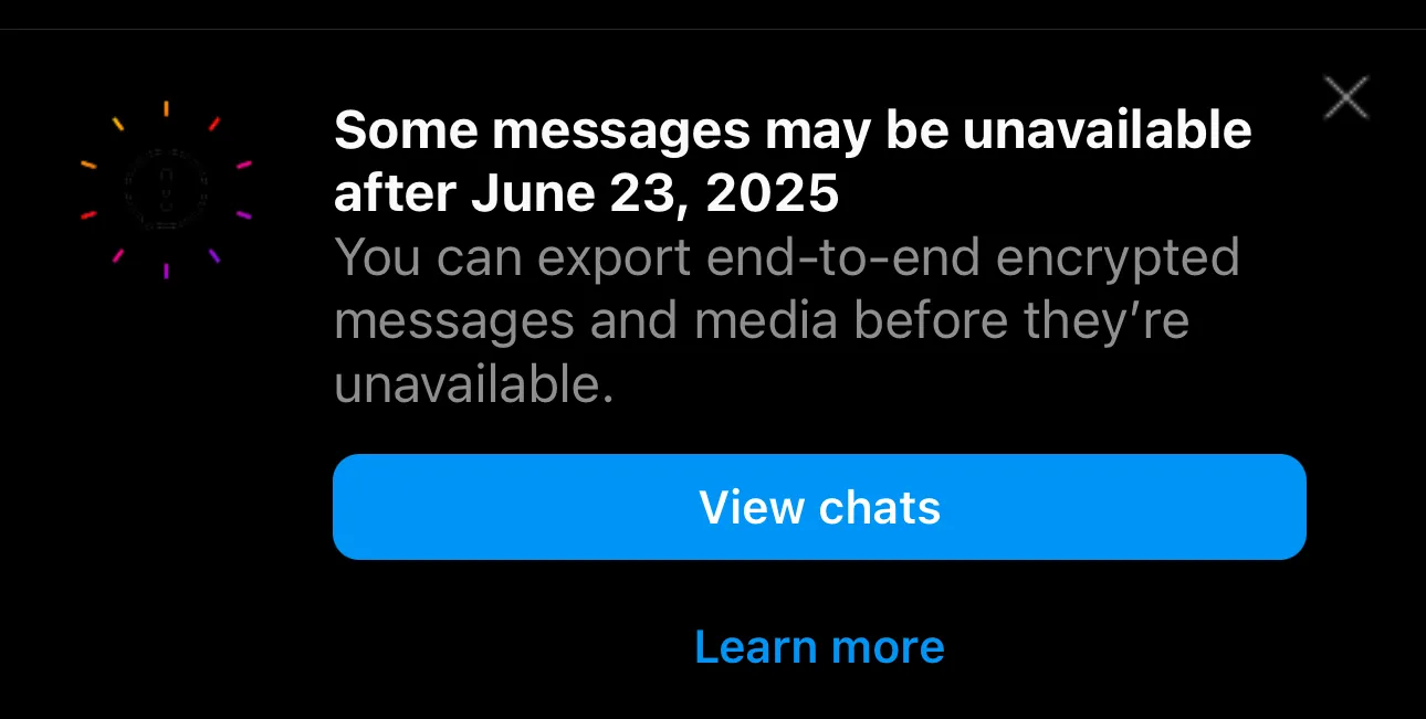 Ảnh chụp màn hình thông báo "một số tin nhắn có thể không khả dụng" trong Instagram DM