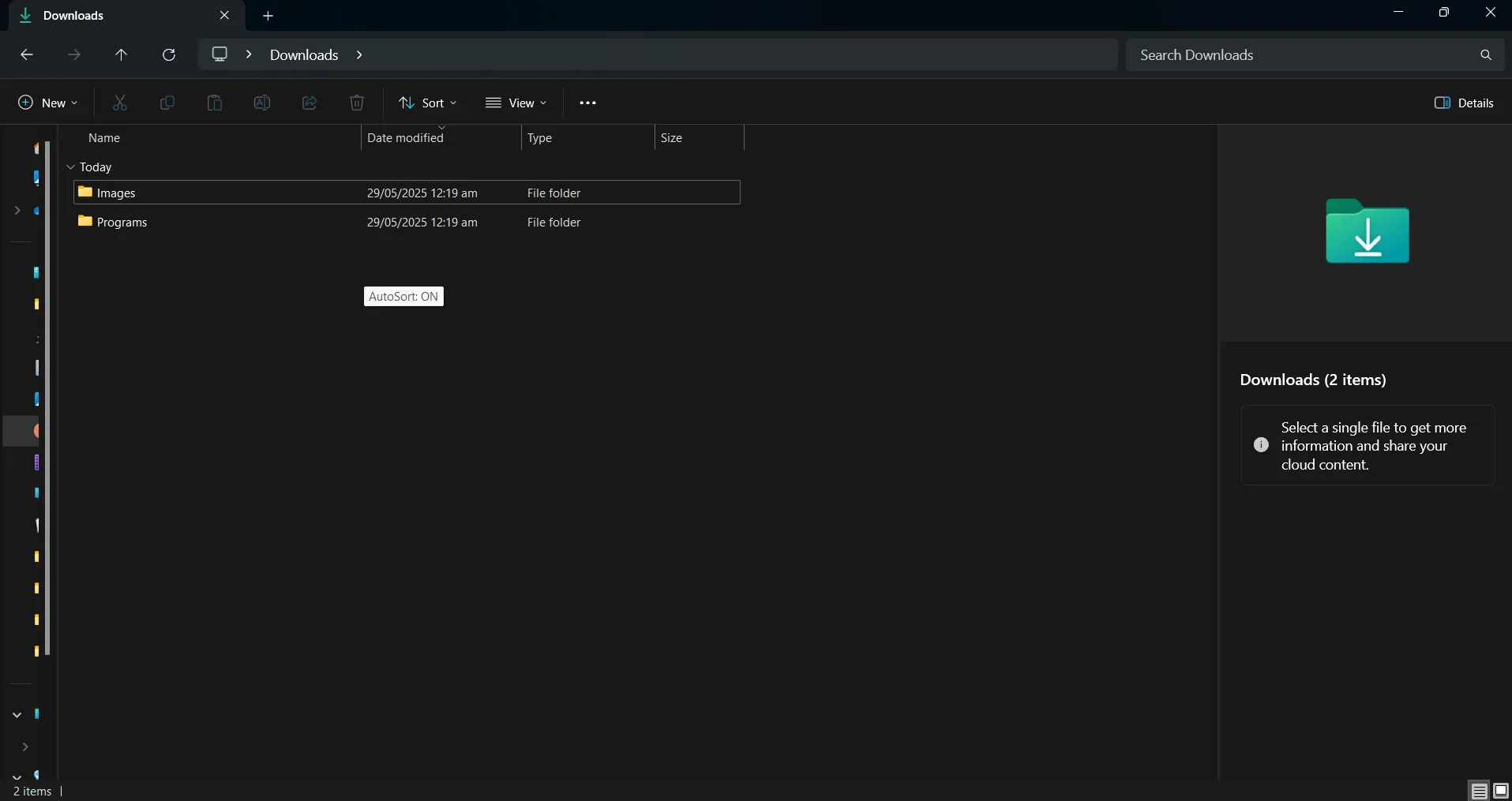 Ảnh chụp màn hình thư mục Downloads đã được sắp xếp gọn gàng thành các thư mục con theo loại tệp nhờ AutoHotkey.
