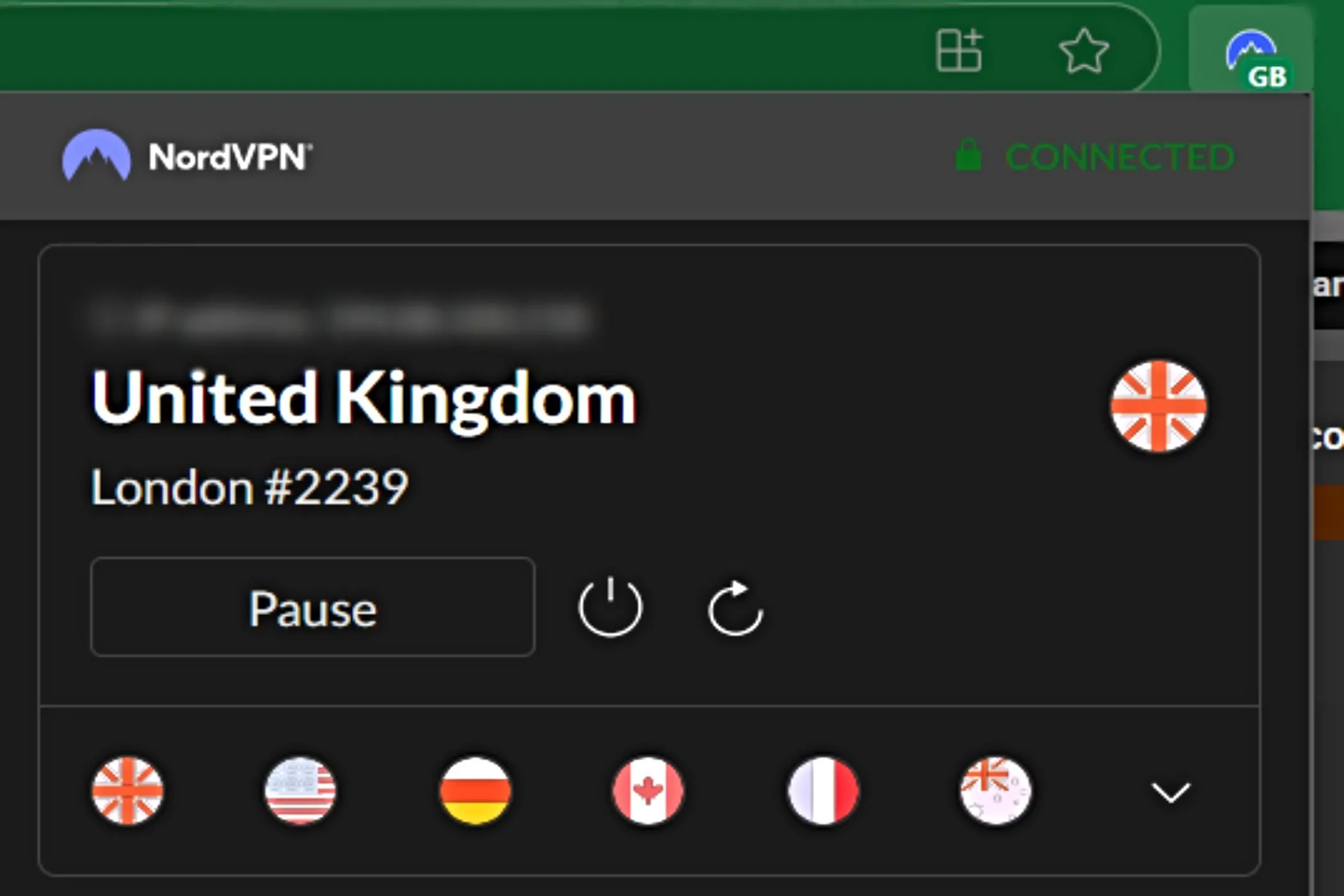 Ảnh chụp màn hình tiện ích mở rộng NordVPN trên trình duyệt Edge, minh họa việc sử dụng VPN qua trình duyệt.