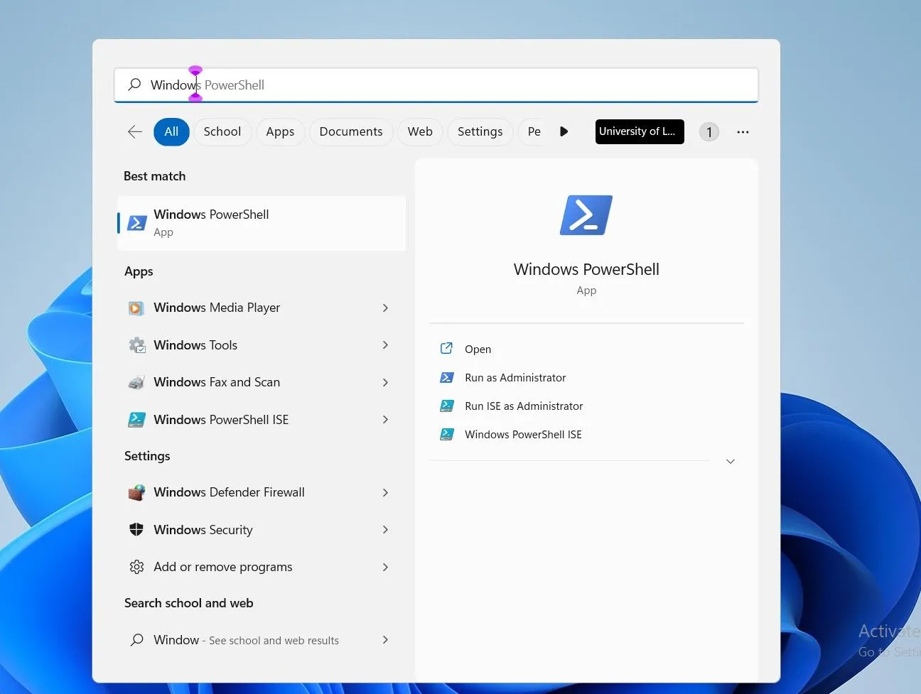Ảnh chụp màn hình tìm kiếm Windows PowerShell qua thanh Search trên Windows