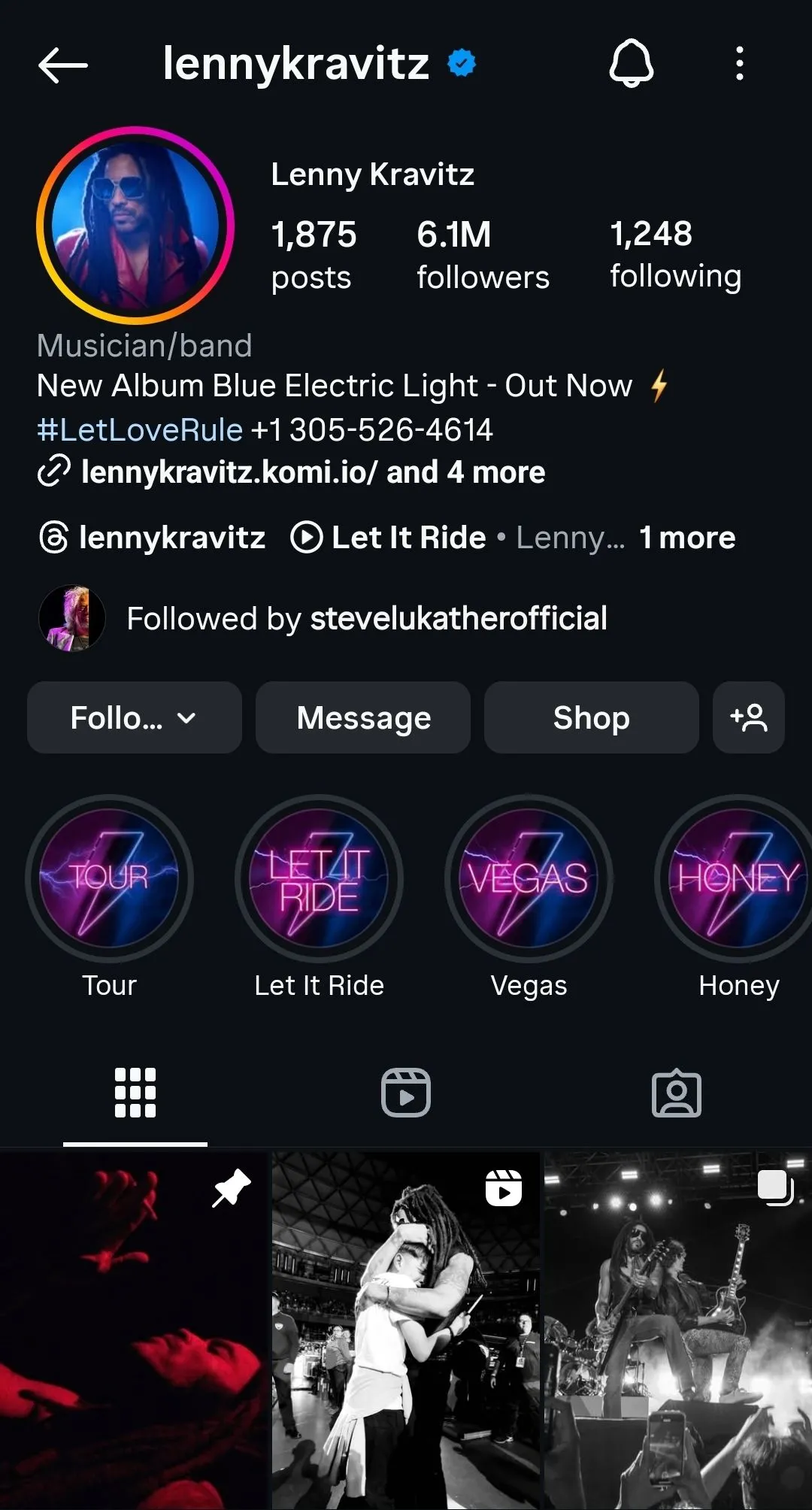 Ảnh chụp màn hình trang Instagram của nghệ sĩ Lenny Kravitz, minh họa một hồ sơ nghệ sĩ đích thực.
