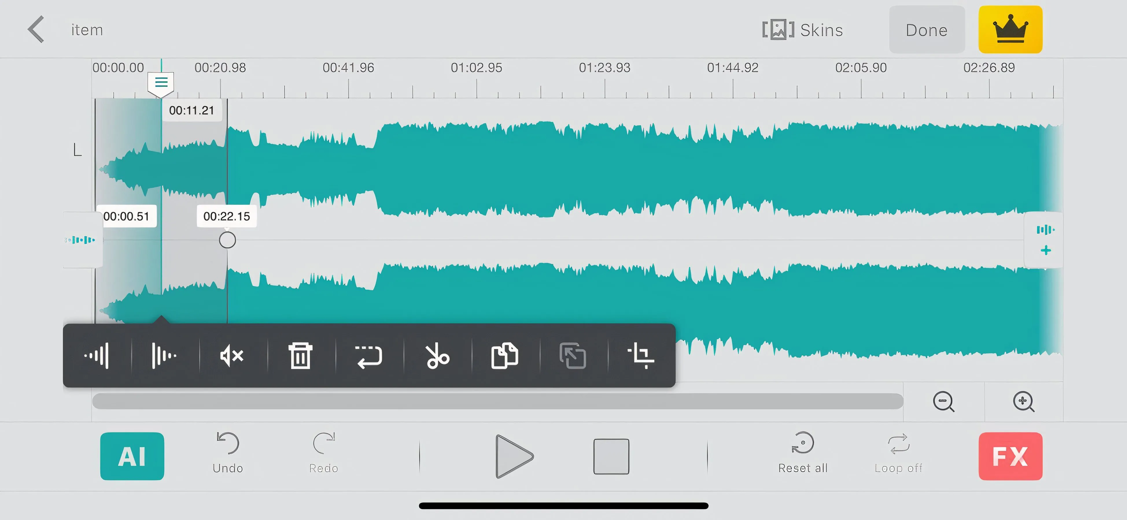 Ảnh chụp màn hình ứng dụng Audio Editor Tool trên iPhone, hiển thị các tùy chọn fade in và fade out.