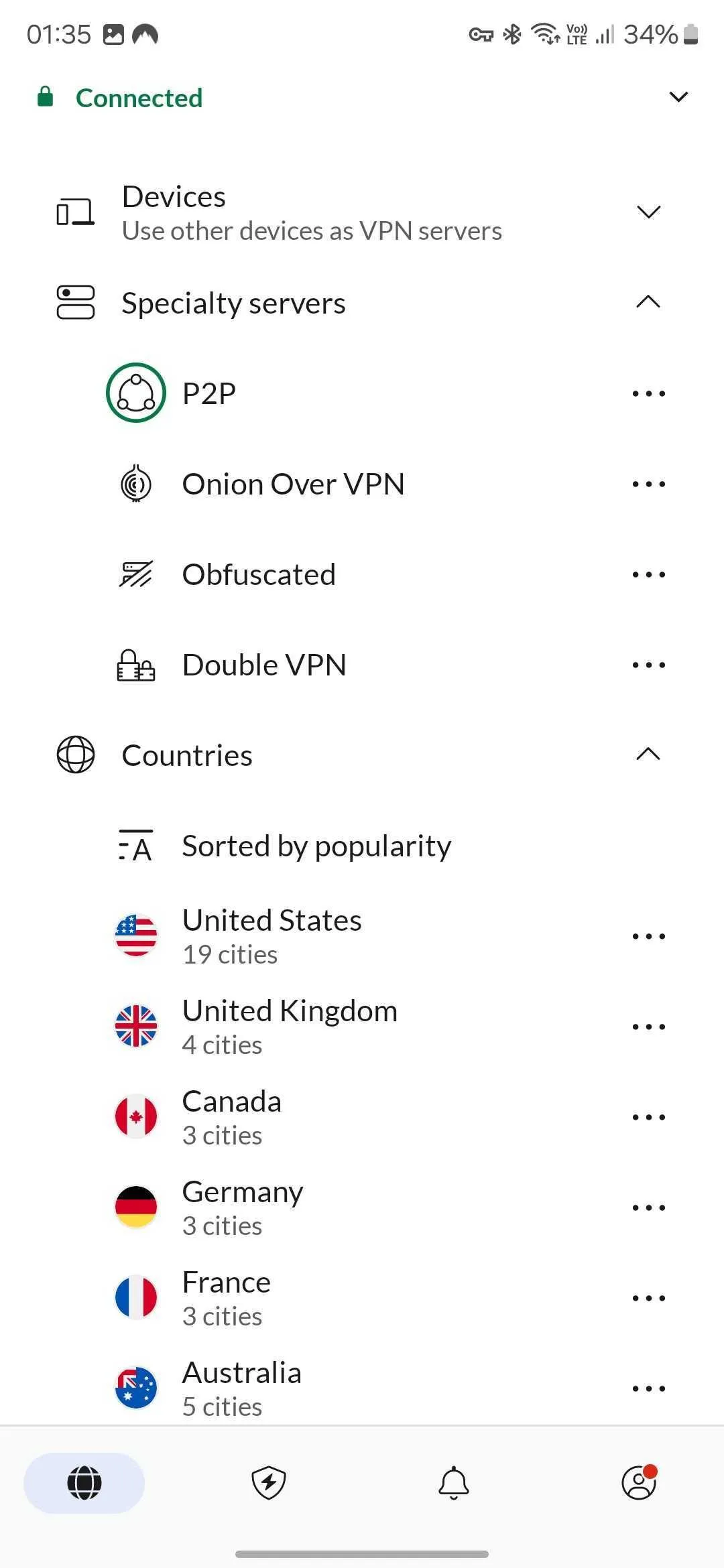 Ảnh chụp màn hình ứng dụng NordVPN trên điện thoại Android, minh họa tính năng bảo vệ kết nối internet