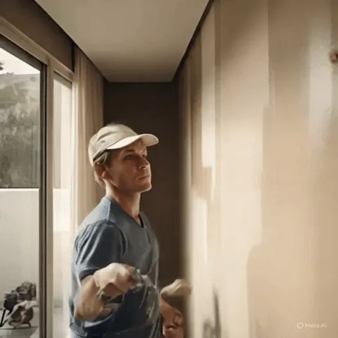 Ảnh GIF một người đàn ông đang lăn sơn lên tường với cánh tay bị biến dạng