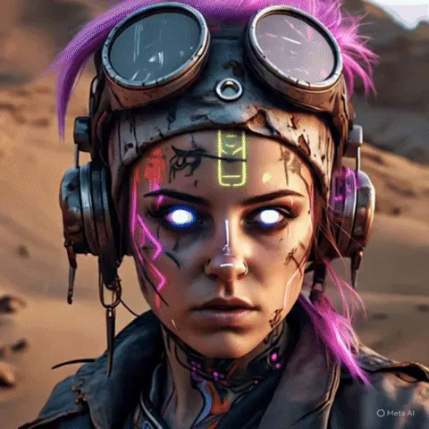 Ảnh GIF một người phụ nữ cyberpunk trong sa mạc đang chuyển động