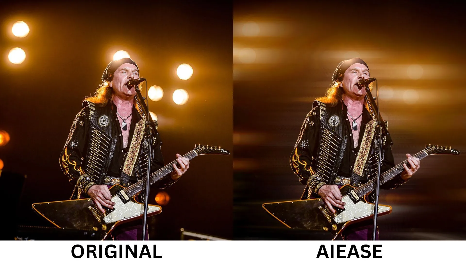Ảnh guitarist với hiệu ứng motion blur ấn tượng trên sân khấu, tạo bởi AIEase.