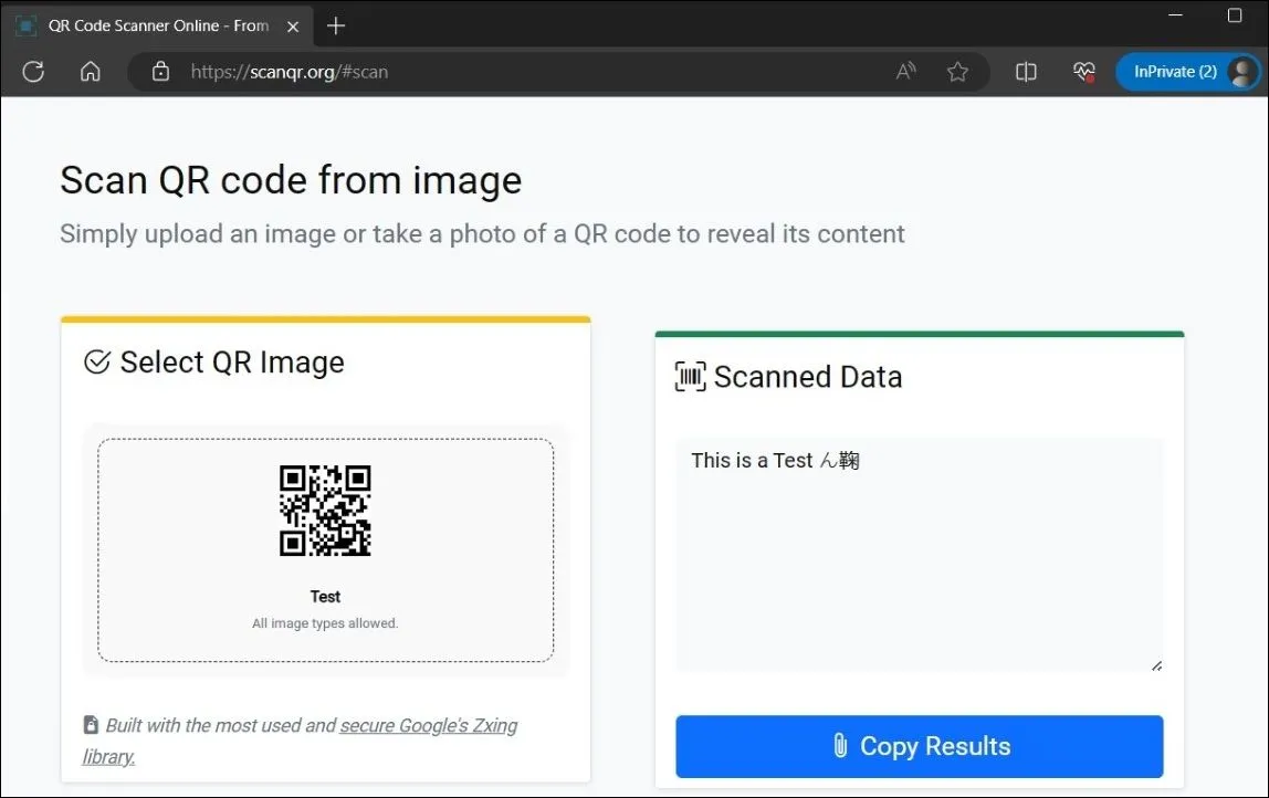 Ảnh minh họa kết quả quét mã QR từ ảnh trên dịch vụ ScanQR.org