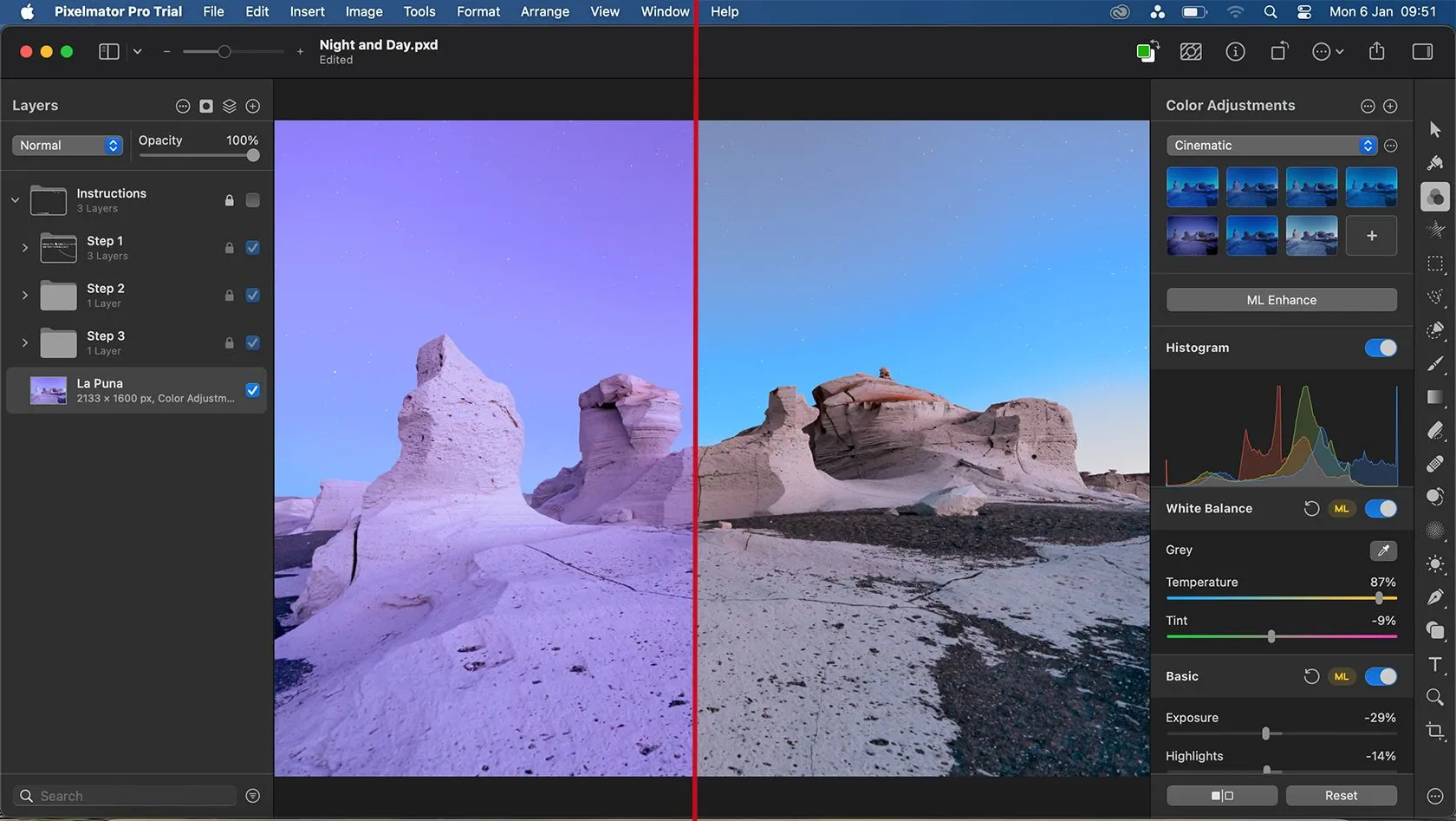 Ảnh trước và sau khi sử dụng tính năng ML Enhance của Pixelmator Pro