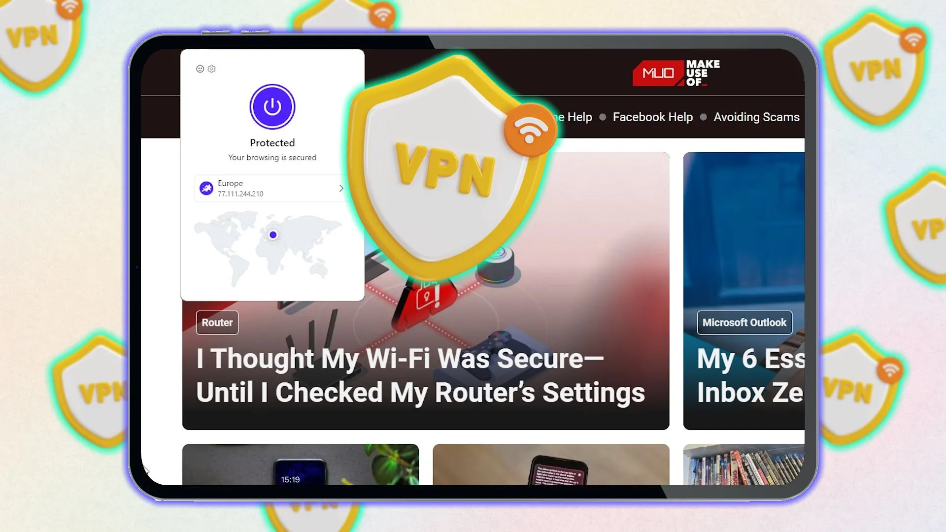 Ảnh VPN trình duyệt trên màn hình máy tính bảng với nền trang web