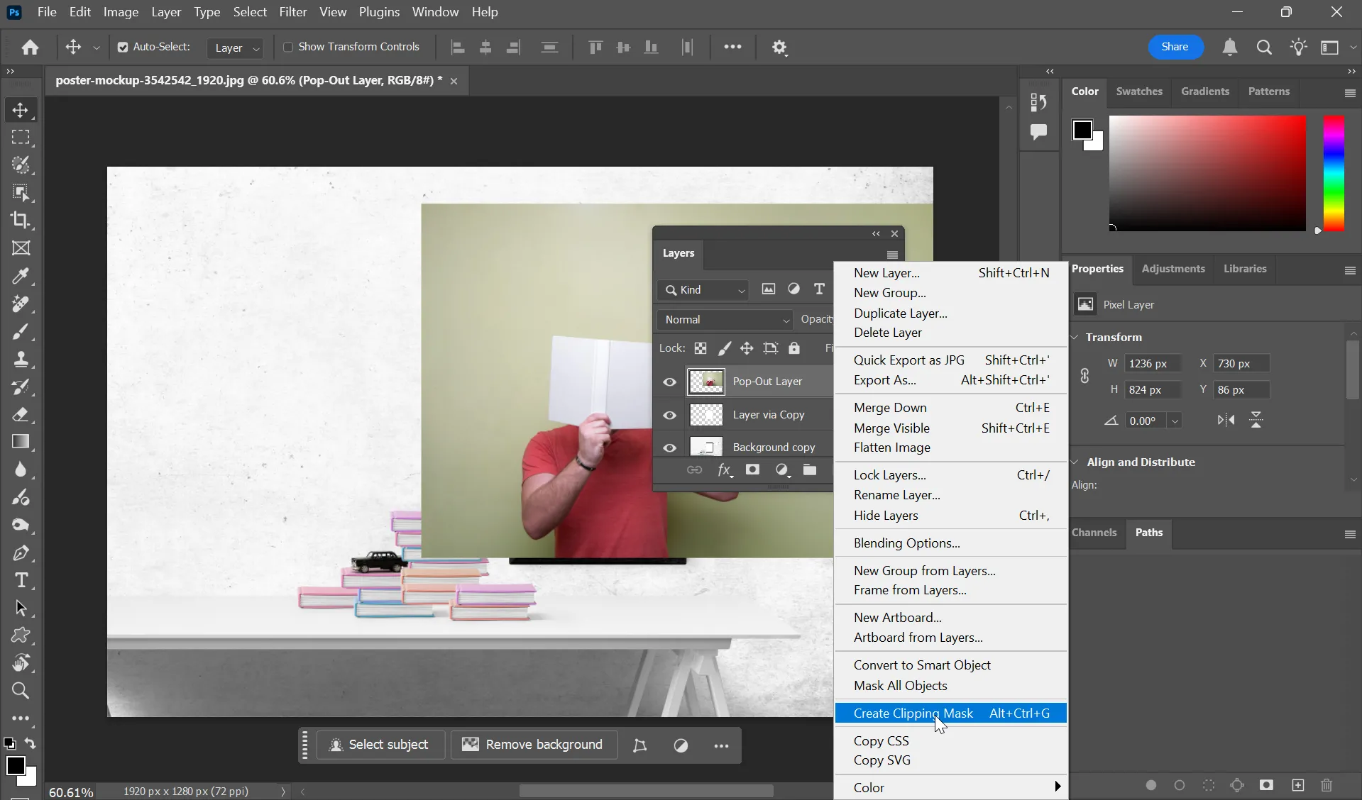 Áp dụng Clipping Mask trong Photoshop để lồng ảnh chủ thể vào lớp khung, hiển thị biểu tượng mũi tên trên bảng Layers