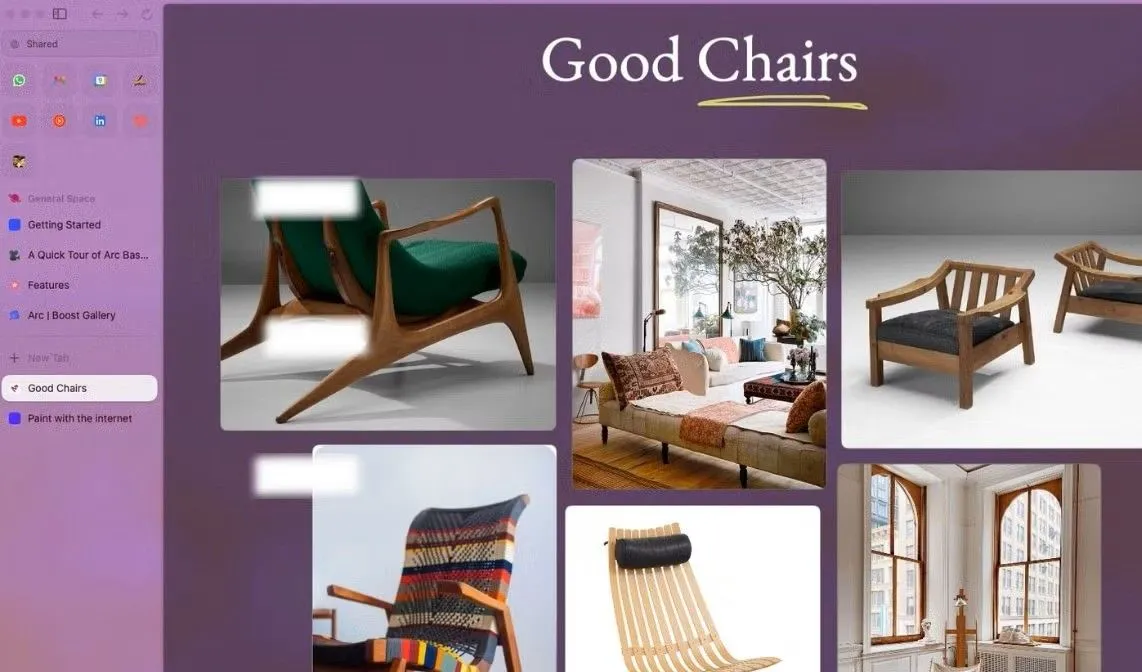 Arc Easel trong trình duyệt Arc hiển thị hình ảnh những chiếc ghế, minh họa tính năng bảng trắng ảo để sắp xếp ý tưởng