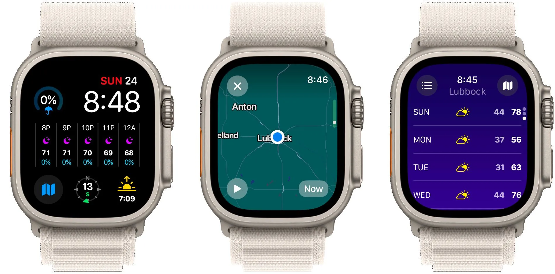 Ba màn hình ứng dụng Carrot Weather trên Apple Watch hiển thị thông tin thời tiết chi tiết