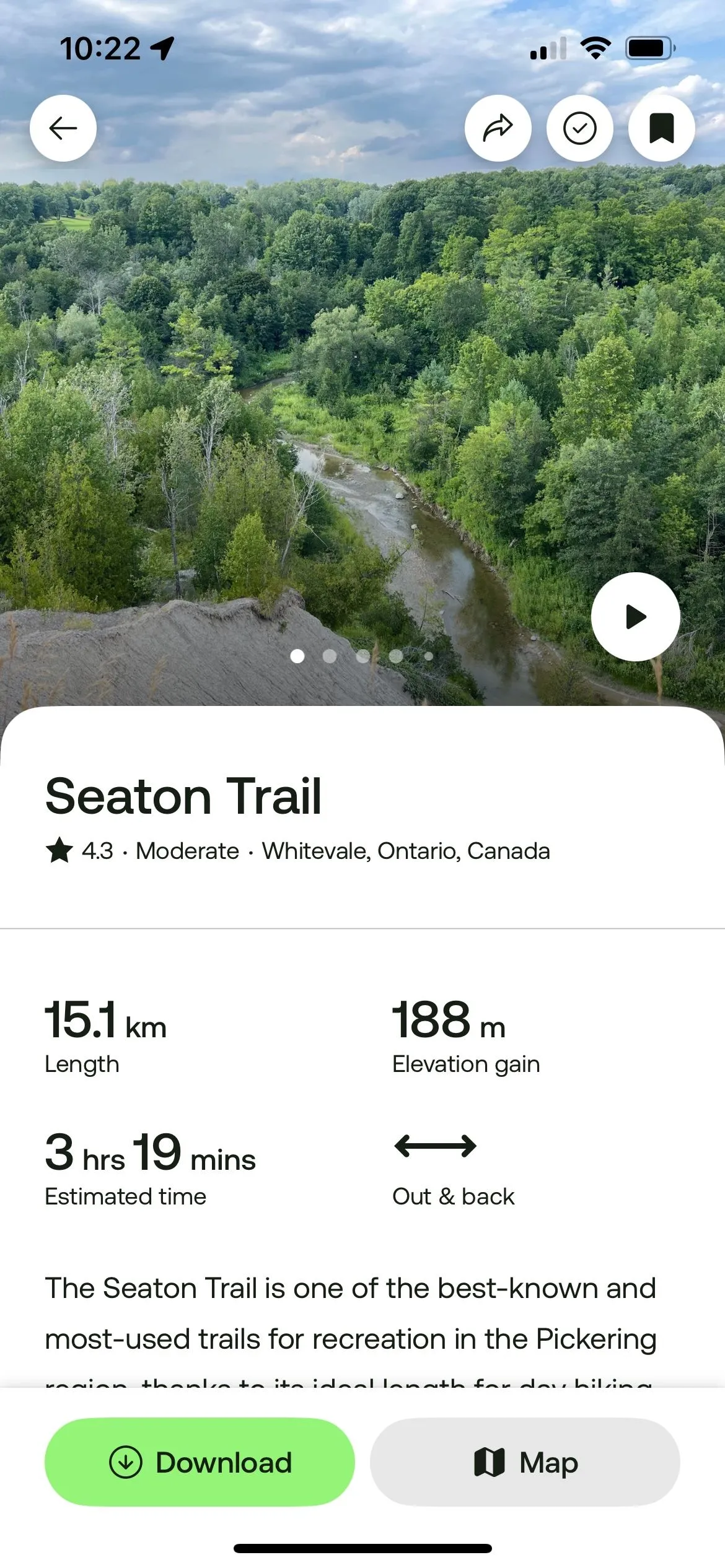 Bản đồ đường mòn hiển thị trên ứng dụng AllTrails, giúp người dùng theo dõi vị trí và khám phá các tuyến đường đi bộ đường dài.