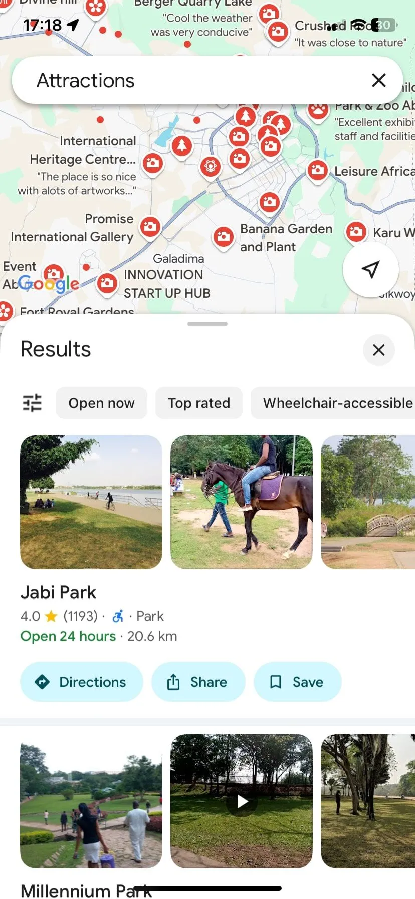 Bản đồ Google Maps hiển thị các điểm du lịch nổi bật tại Abuja, Nigeria, minh họa tính năng định vị và tìm kiếm địa điểm hữu ích cho du khách solo.
