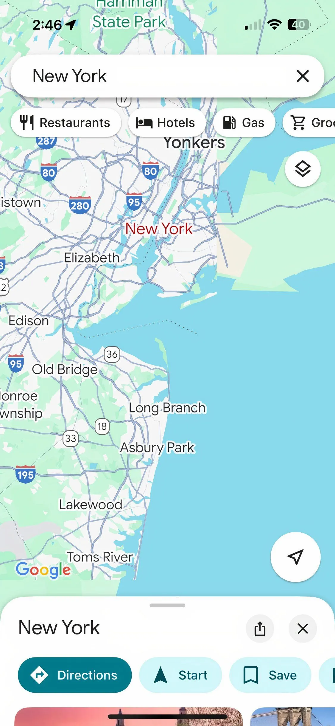 Bản đồ Google Maps hiển thị khu vực New York với các biểu tượng địa điểm