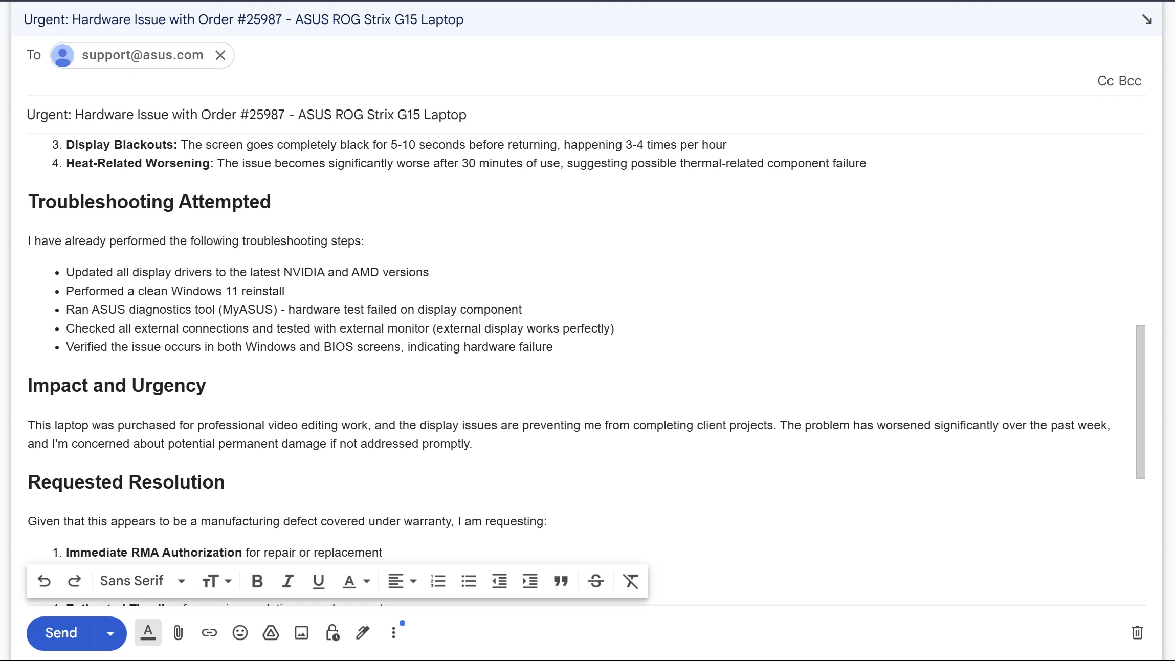 Bản nháp email gửi đến bộ phận hỗ trợ ASUS về vấn đề phần cứng laptop, minh họa cách viết email hiệu quả
