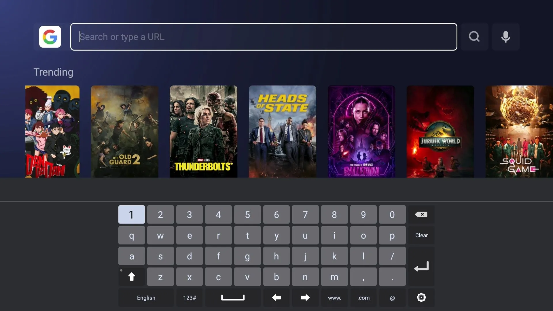 Bàn phím ảo trên màn hình Smart TV được mở trong ứng dụng trình duyệt khi nhập liệu