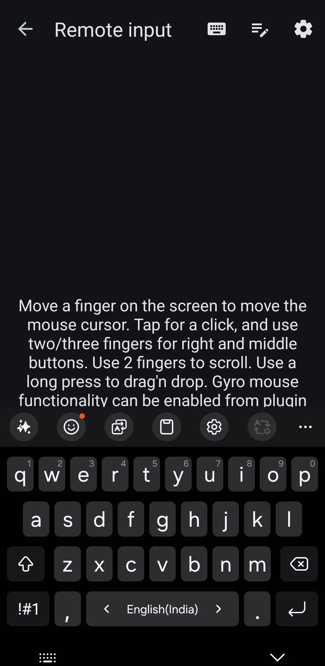Bàn phím ảo trên ứng dụng KDE Connect trên điện thoại Android, dùng để nhập liệu từ xa.