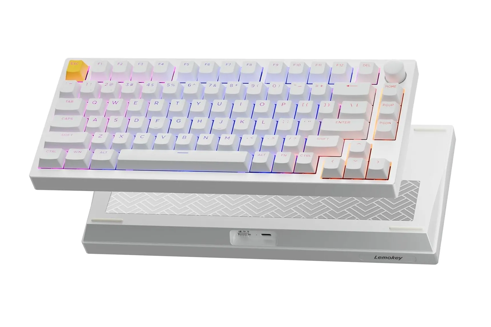 Bàn phím Lemokey P1 HE màu trắng với đèn RGB sáng rực, thể hiện thiết kế tinh tế và hiện đại.