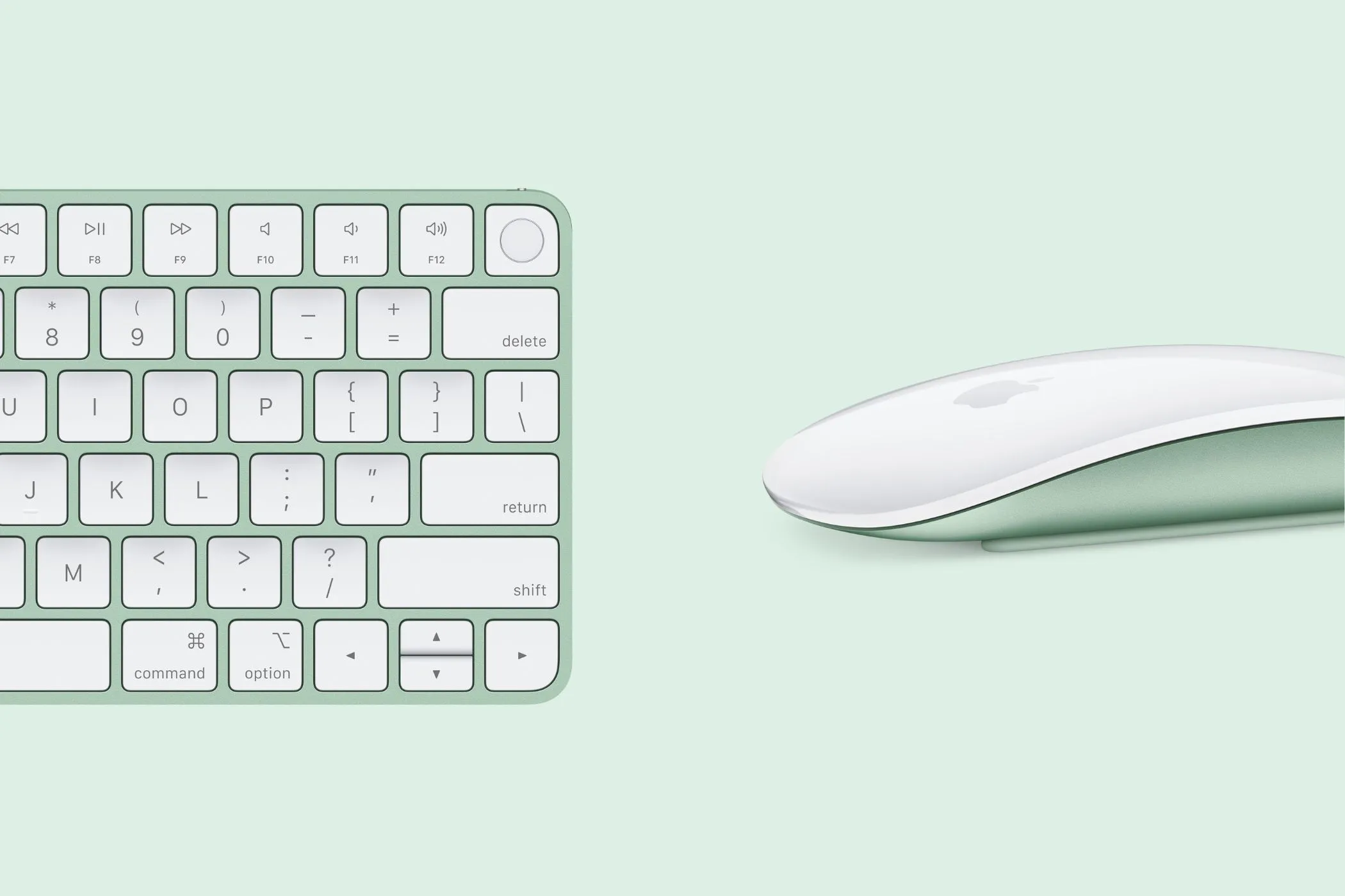 Bàn phím Magic Keyboard và chuột Magic Mouse màu xanh lá, phụ kiện đi kèm cao cấp của iMac, đồng bộ với thiết kế máy.