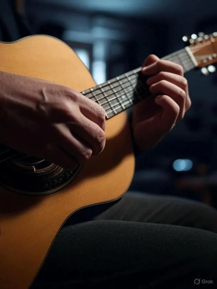 Bàn tay chơi guitar với ngón tay bị biến dạng hoặc dư thừa, thể hiện lỗi thường gặp về bàn tay trong ảnh AI.