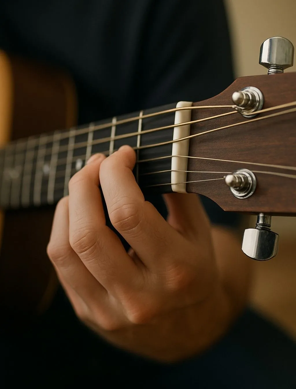 Bàn tay chơi hợp âm E thứ trên đàn guitar được tạo bởi ChatGPT 4o, thể hiện sự chân thực đáng kinh ngạc trong từng ngón tay và dây đàn