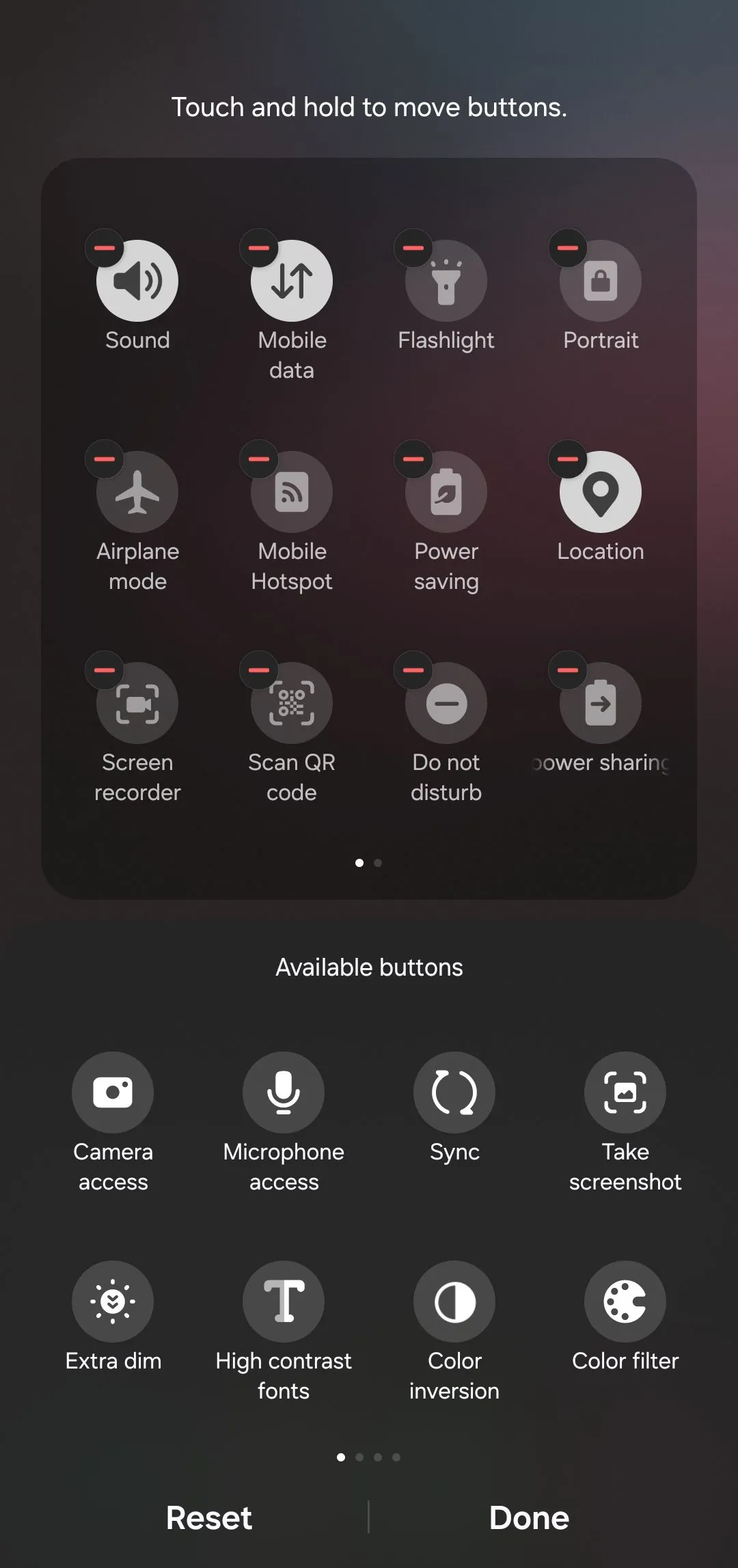Bảng cài đặt nhanh Quick Settings đang ở chế độ chỉnh sửa trên Android, cho phép người dùng tùy chỉnh các phím tắt