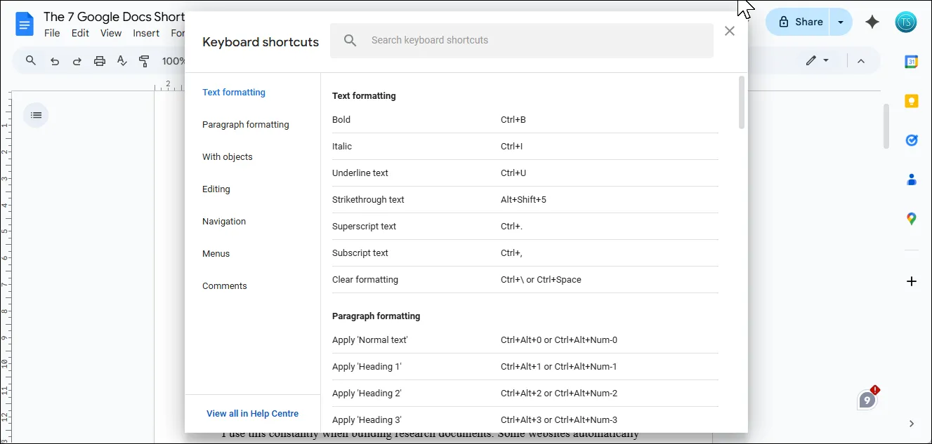 Bảng danh sách toàn bộ các phím tắt trong Google Docs, có chức năng tìm kiếm