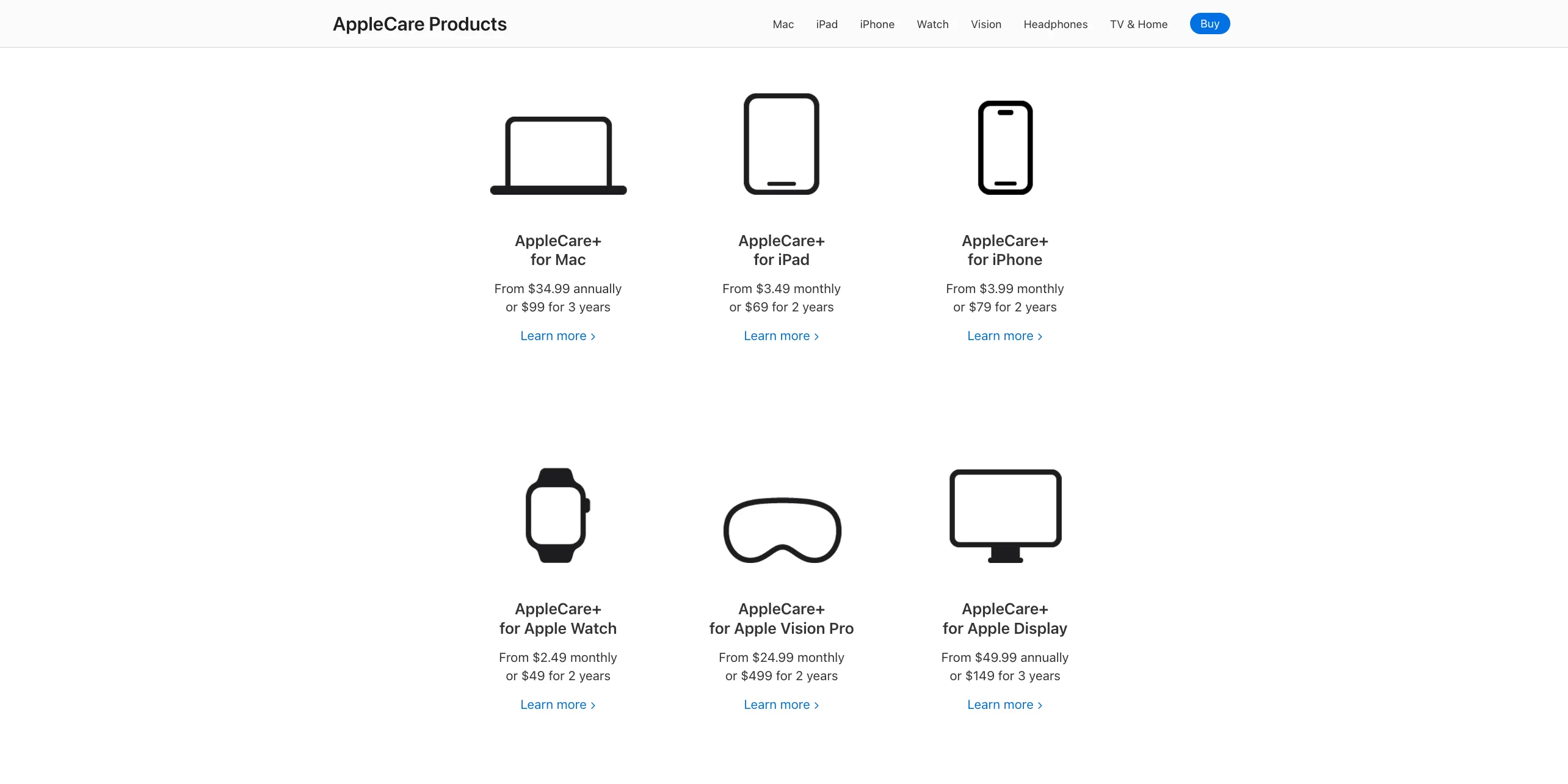 Bảng đồ họa so sánh các gói AppleCare+ và mức giá cho nhiều sản phẩm Apple khác nhau như iPhone, iPad và Mac.
