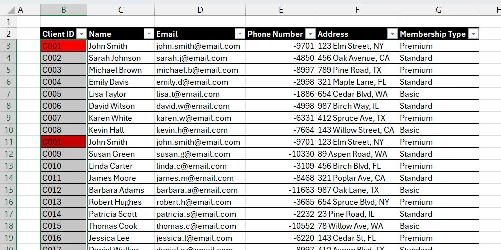 Bảng dữ liệu khách hàng trong Excel đã được định dạng có điều kiện để làm nổi bật các tên trùng lặp.