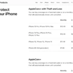 Bảng giá AppleCare+ dành cho các dòng iPhone khác nhau, thể hiện chi phí bảo hành mở rộng
