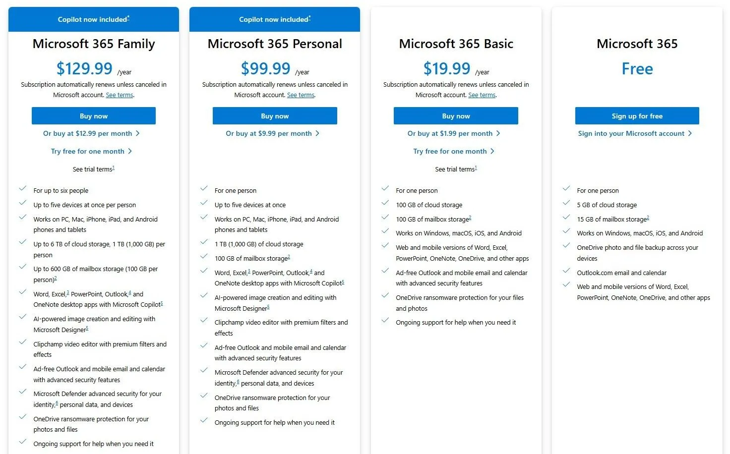 Bảng giá các gói đăng ký Microsoft 365 Family và Personal