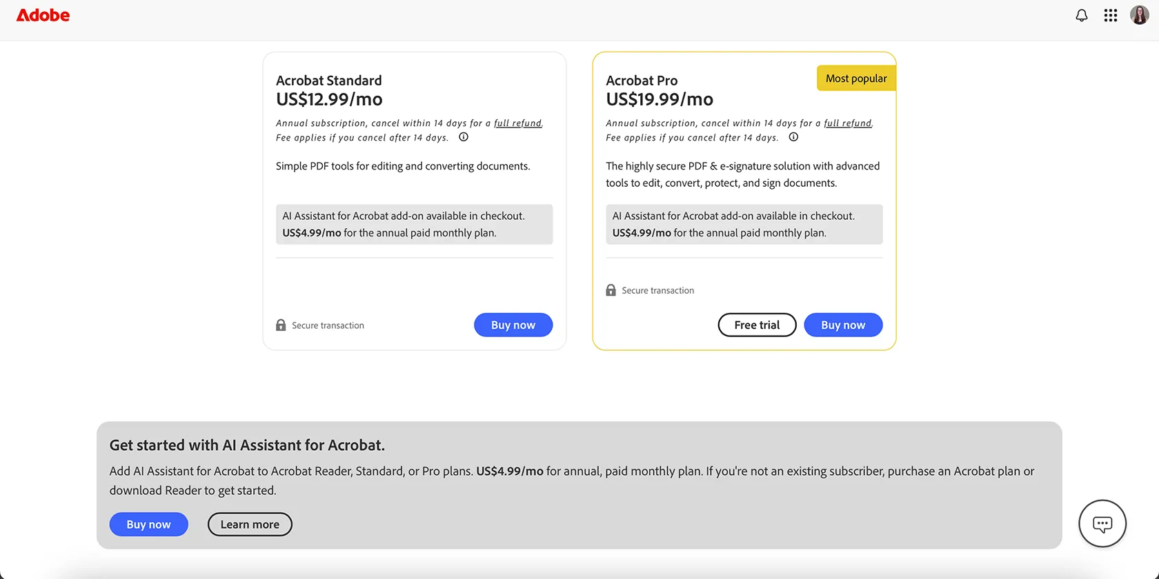Bảng giá của Adobe Acrobat AI Assistant