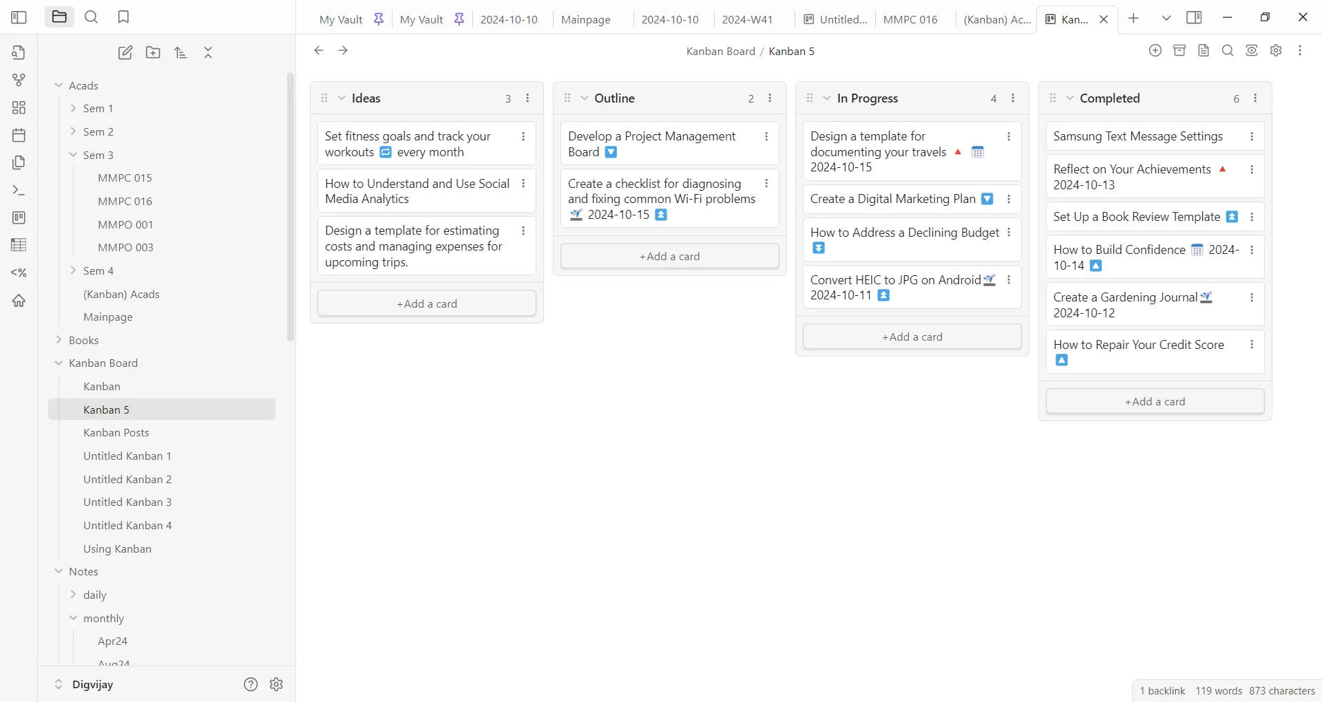 Bảng Kanban trong ứng dụng quản lý dự án Obsidian, thể hiện cách trực quan hóa công việc nhưng cũng có thể gây áp lực tạo hệ thống hoàn hảo.