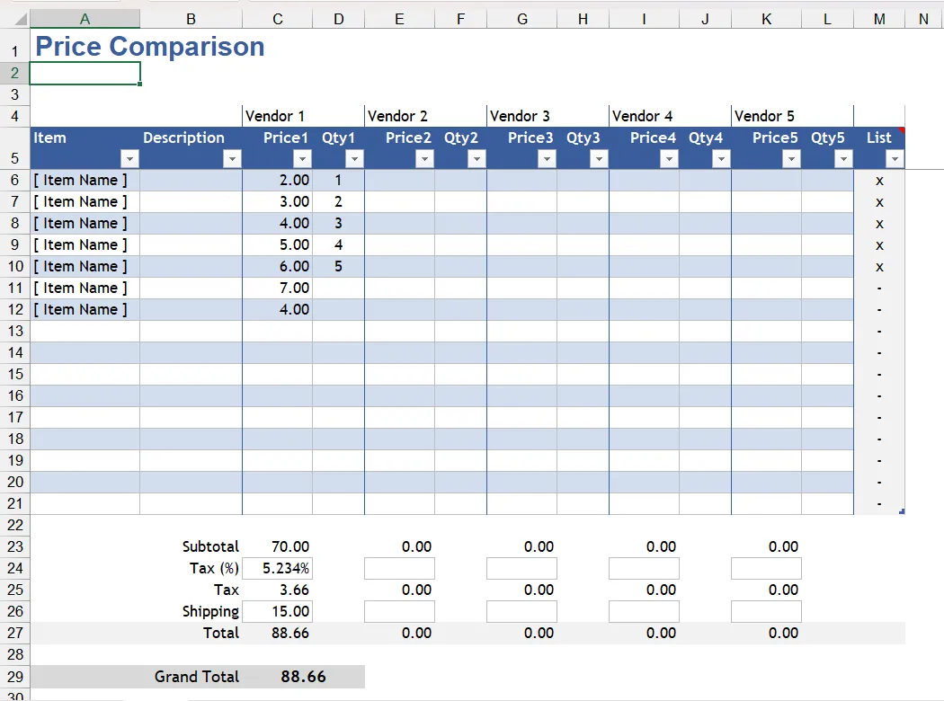 Bảng tính Excel so sánh giá sản phẩm trước khi mua sắm
