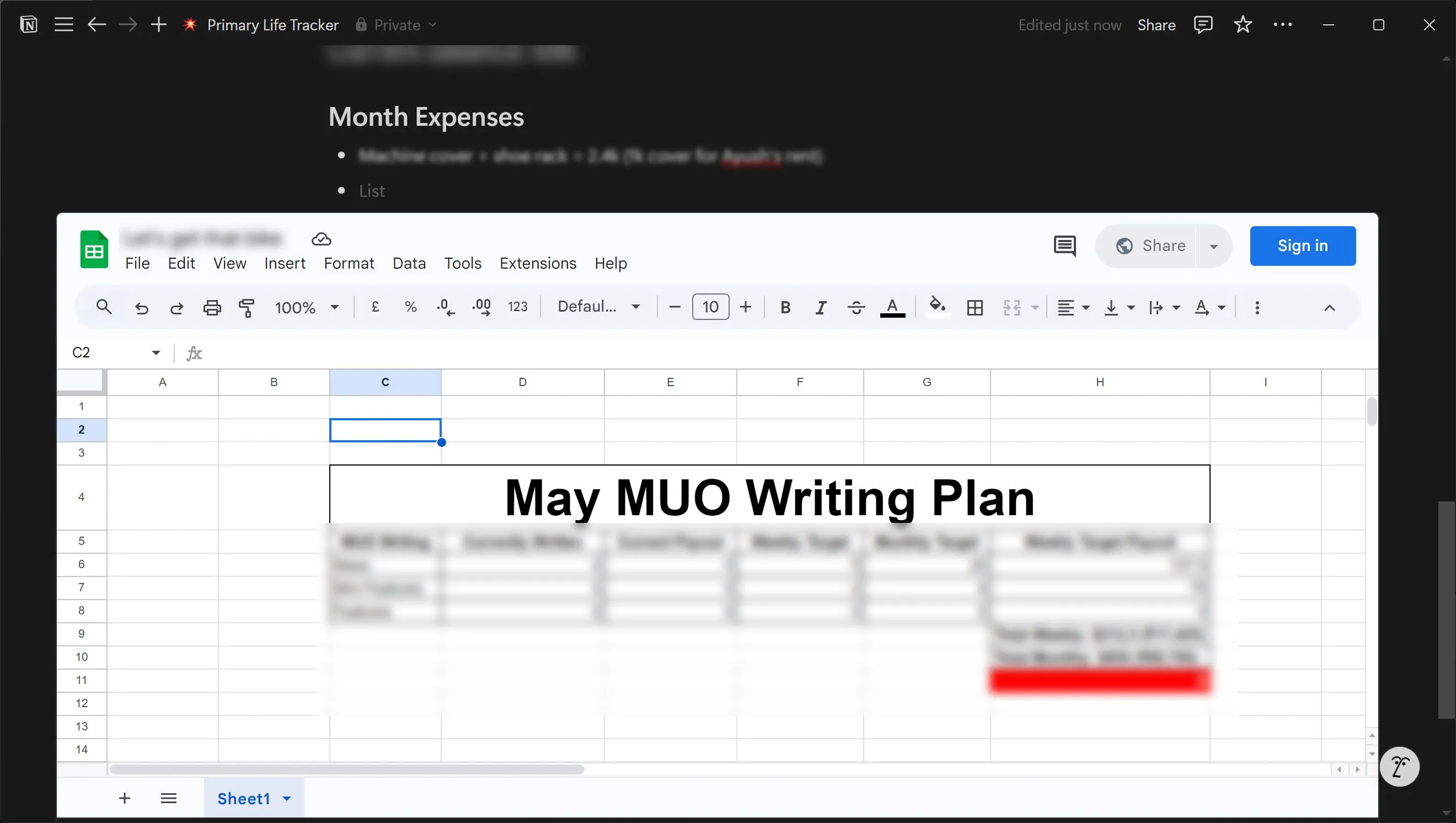 Bảng tính Google Sheets được nhúng trực tiếp vào một trang Notion, cho phép quản lý dữ liệu tài chính hoặc dự án
