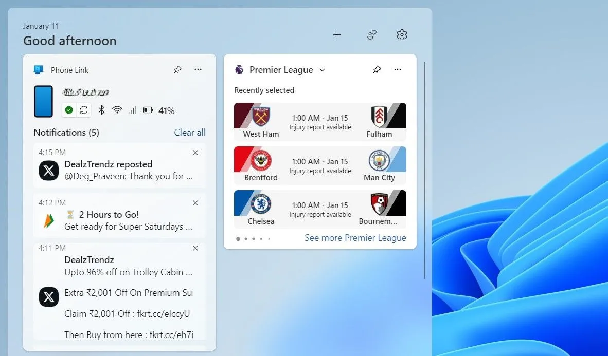 Bảng widget Windows 11 hiển thị thông tin ứng dụng Phone Link