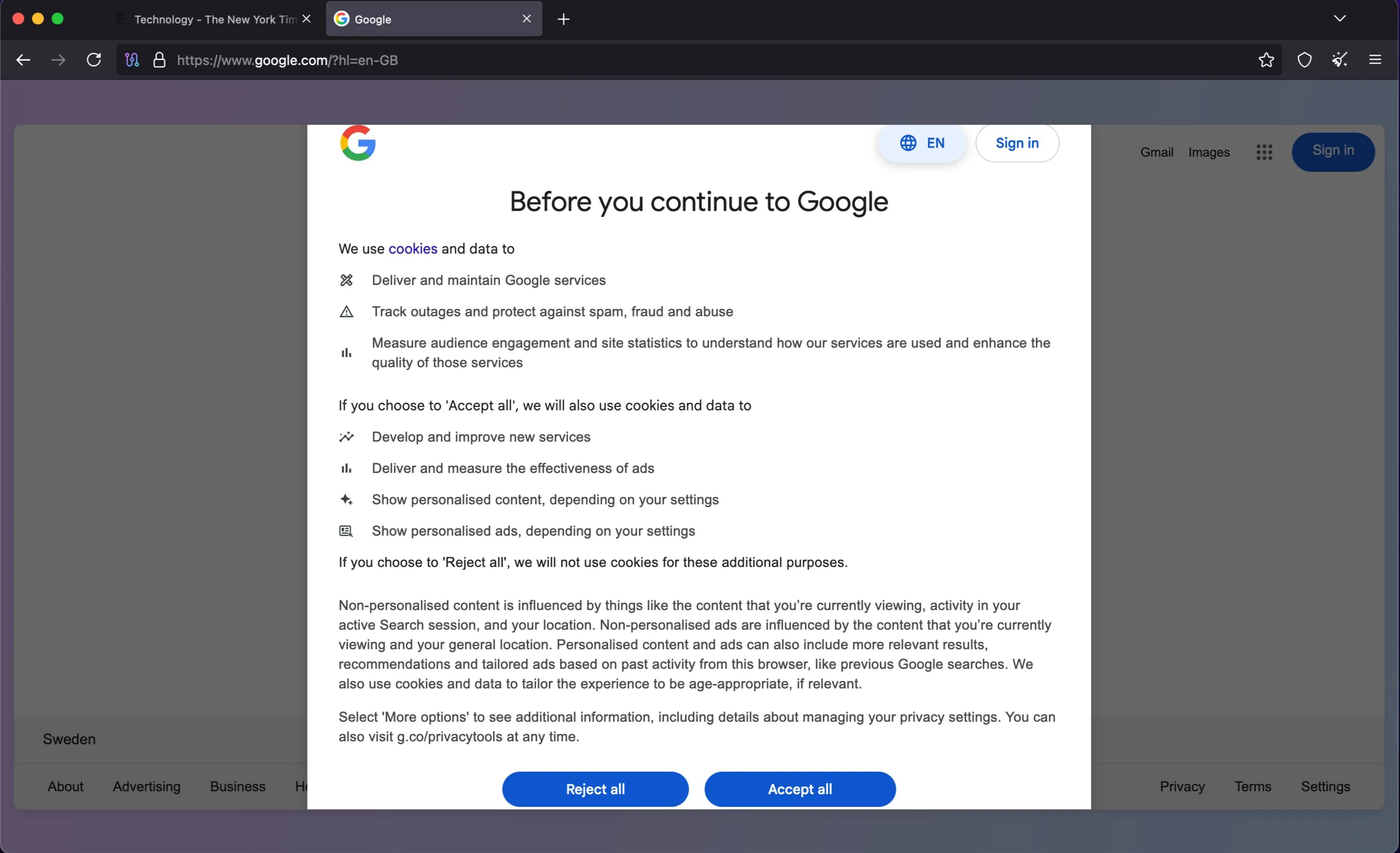banner đồng ý cookie của Google trên Tor Browser