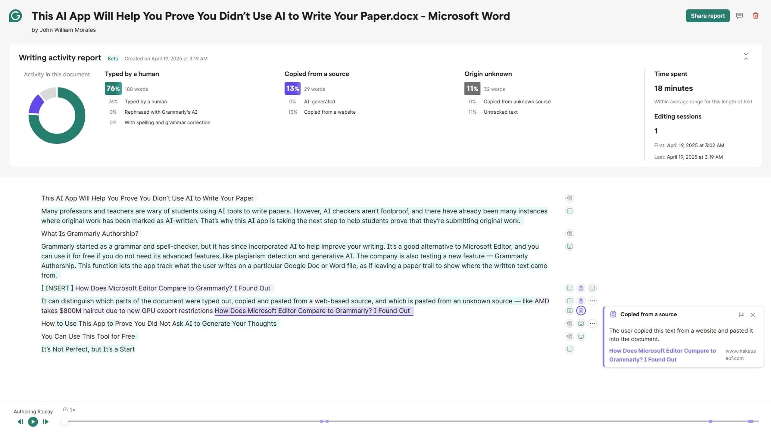 Báo cáo phiên làm việc của Grammarly Authorship hiển thị tỷ lệ văn bản tự gõ và không rõ nguồn gốc