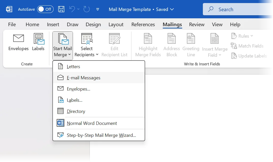 Bắt đầu tính năng Trộn Thư trong Word tại tab Mailings