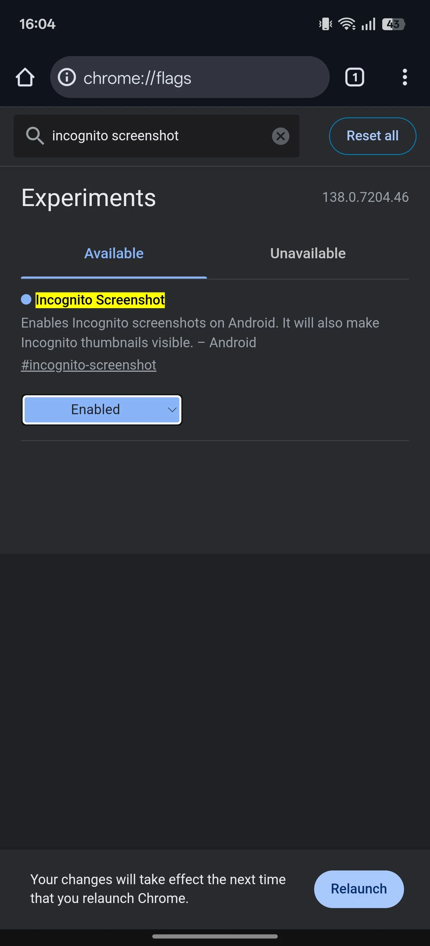 Bật Incognito Screenshot flag trong Chrome Android để chụp màn hình chế độ ẩn danh.