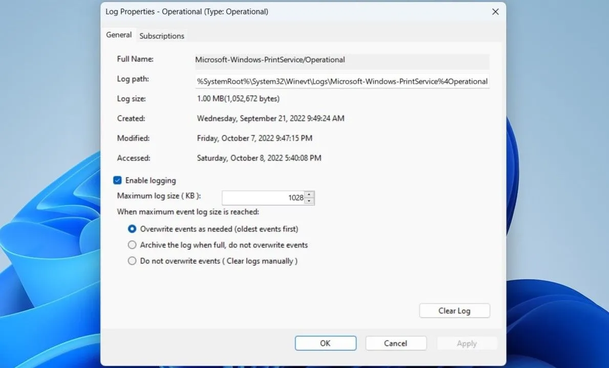 Bật tính năng ghi nhật ký in ấn trong cửa sổ Thuộc tính Nhật ký cho Event Viewer